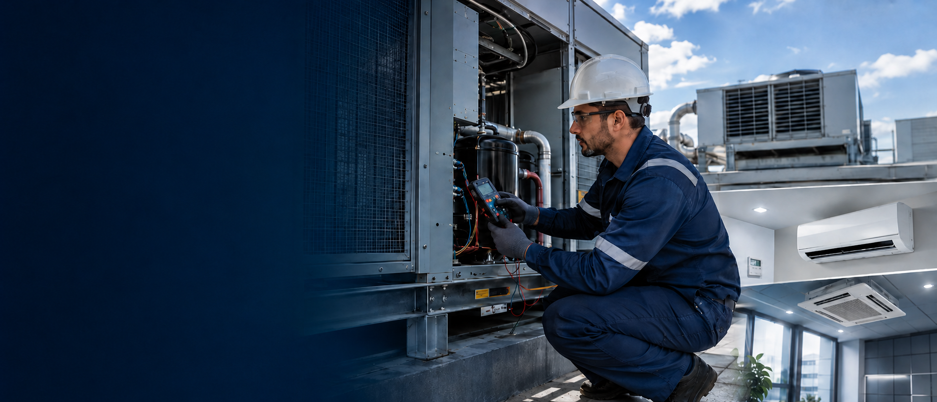 Técnico realizando mantenimiento de aire acondicionado