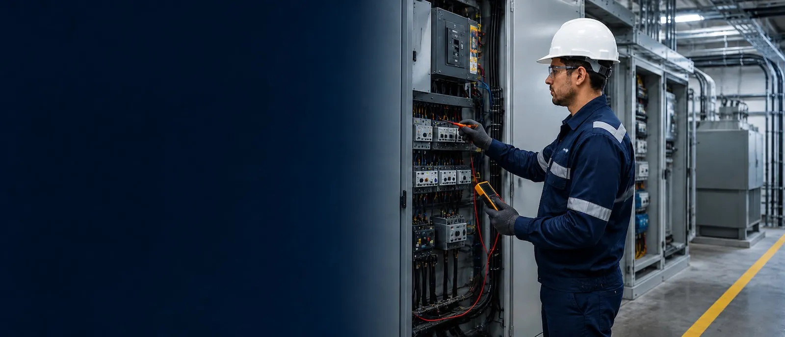 Técnico revisando un sistema eléctrico industrial